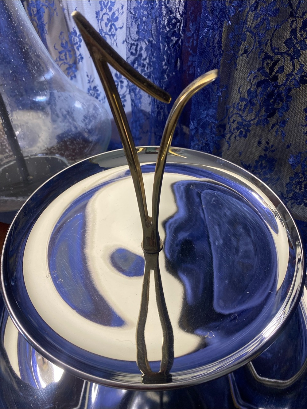 Vintage Kromex 2 Tier Tidbit Dessert Tray Chrome Stainless Gold Handle